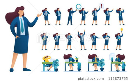Set of Businesswoman. Presentation in various in various poses and actions. 2D Flat character vector illustration N1 Set of Businesswoman. Presentation in various in various poses and actions. 2D Flat character vector illustration N1 112873765