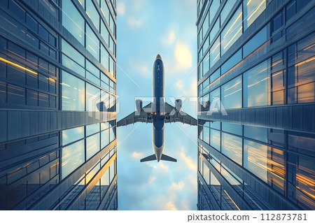 AI-generated content. Flying over glass reflection skyscraper is a jumbo jet cargo passenger plane AI Generative AI-generated content. Flying over glass reflection skyscraper is a jumbo jet cargo passenger plane AI Generative 112873781