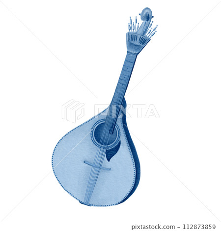 Fado's guitar for traditional songs. Watercolor illustration in blue and white. Simbol of Portuguese culture. Element of azulejo tiles. For stickers, stationery, textiles. 112873859