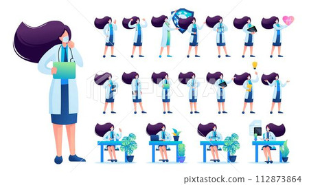 Set of Woman doctor. Presentation in various in various poses and actions. 2D Flat character vector illustration N8 112873864