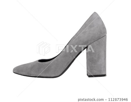 Women suede shoe, heeled female footwear, side view, isolated on white background 112873946
