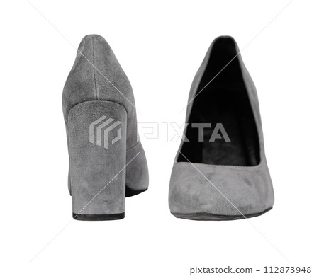 Women shoes pair, heels, front and back view. Velvet suede gray footwear, isolated on white 112873948