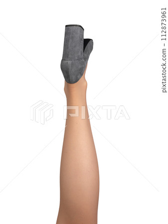 Slim slender women leg up, wearing gray heeled shoes isolated on white, back view Slim slender women leg up, wearing gray heeled shoes isolated on white, back view 112873961