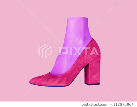Pink shoe, heeled foot wear. Female footwear with purple tights, sock. Funny photo Pink shoe, heeled foot wear. Female footwear with purple tights, sock. Funny photo 112873964
