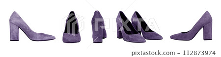 Heeled shoes set. Women suede footwear isolated on white background 112873974