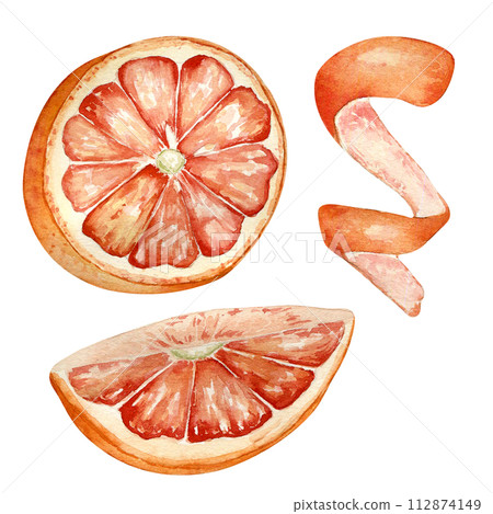 Pink ripe grapefruit watercolor illustration isolated on white. Set of slice and half grapefruit hand drawn. Orange citrus fruit botanical style drawing. Grapefruit peel. Design element for packaging Pink ripe grapefruit watercolor illustration isolated on white. Set of slice and half grapefruit hand drawn. Orange citrus fruit botanical style drawing. Grapefruit peel. Design element for packaging 112874149
