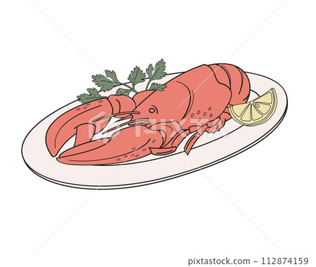 boiled red lobster on a plate with parsley and lemon 112874159