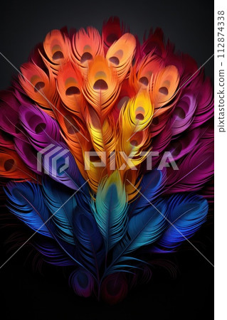 AI-generated content.  stunning composition with colorful feathers on a black background 112874338