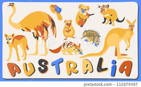 Vector set of cute australian animals with lettering Vector set of cute australian animals with lettering 112874397