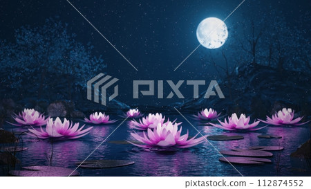 3d render Lotus flowers on a magical night on the water against the backdrop of the moon 3d render Lotus flowers on a magical night on the water against the backdrop of the moon 112874552