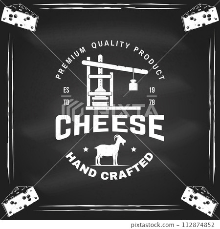 Cheese family farm poster design on the chalkboard. Template for logo, branding design with block cheese, jug of milk, fork, knife for cheese. Vector illustration. Hand crafted product cheese 112874852
