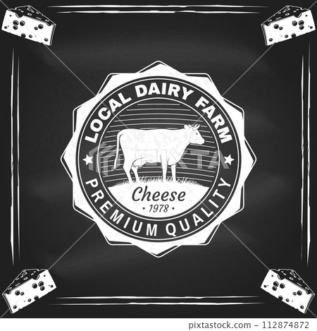 Local dairy farm badge design on the chalkboard. Template for logo, branding design with cow on the grass. Vector illustration. Hand crafted product cheese Local dairy farm badge design on the chalkboard. Template for logo, branding design with cow on the grass. Vector illustration. Hand crafted product cheese 112874872