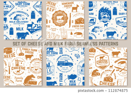 Cheese family and milk farm seamless pattern or background. Fabric, textile, wallaper with block cheese, sheep lacaune on the grass, fork, knife for cheese, cow, cheese press. Vector. Cheese family and milk farm seamless pattern or background. Fabric, textile, wallaper with block cheese, sheep lacaune on the grass, fork, knife for cheese, cow, cheese press. Vector. 112874875