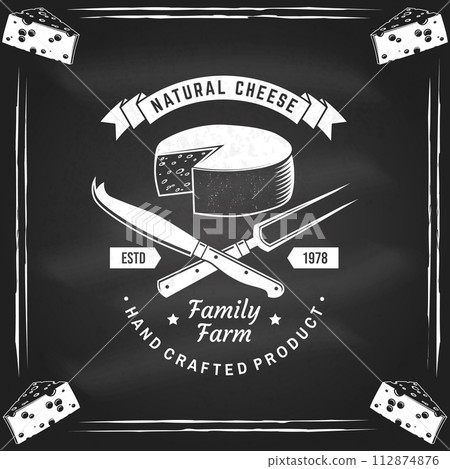 Natural cheese badge design on the chalkboard. Template for logo, branding design with block cheese and fork, knife for cheese. Vector illustration. Natural cheese badge design on the chalkboard. Template for logo, branding design with block cheese and fork, knife for cheese. Vector illustration. 112874876