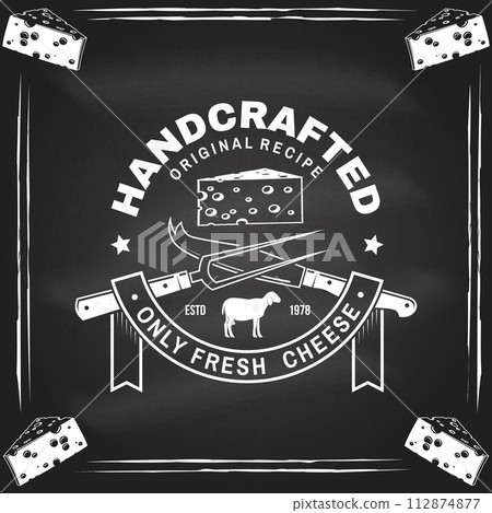 Cheese family farm poster design on the chalkboard. Template for logo, branding design with block cheese, jug of milk, fork, knife for cheese. Vector illustration. Hand crafted product cheese 112874877