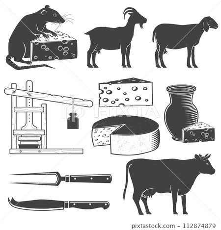 Set of cheese family farm icon silhouettes. For logo, branding design with block cheese, sheep lacaune, fork, knife for cheese, cow, goat, cheese press. Vector illustration. 112874879