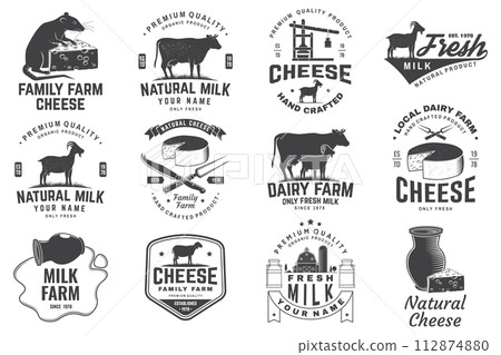 Cheese family farm and rustic milk badge design. Design with block cheese, sheep, fork, knife, milk, cow, cheese press. Vector. Template for cheese and milk farm business - shop, market, packaging Cheese family farm and rustic milk badge design. Design with block cheese, sheep, fork, knife, milk, cow, cheese press. Vector. Template for cheese and milk farm business - shop, market, packaging 112874880