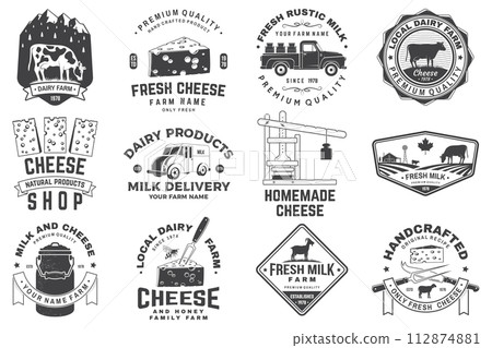 Cheese family farm and rustic milk badge design. Design with block cheese, sheep, fork, knife, milk, cow, cheese press. Vector. Template for cheese and milk farm business - shop, market, packaging 112874881