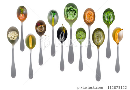 Spoons with different vegetables and fruits, 3D rendering 112875122