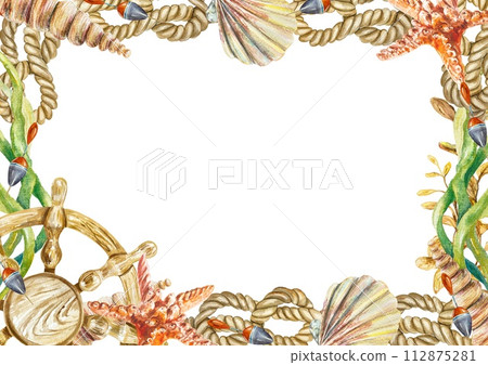 Marine frame, watercolor. Steering wheel, starfish, rope, shells. Horizontal frame illustration isolated. Cards, invitations, banners, travel flyers. 112875281