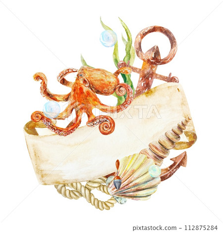 Octopus, anchor, seaweed, shell, sea rope on white background. Hand drawn watercolor illustration for cards, invitations, nautical banners, posters. Octopus, anchor, seaweed, shell, sea rope on white background. Hand drawn watercolor illustration for cards, invitations, nautical banners, posters. 112875284