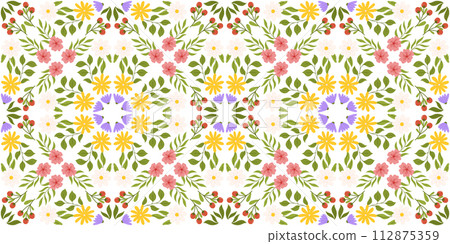 Seamless design with floral elements. Botanical-inspired repeated pattern with white, yellow, and lilac flowers, pink cherry blossom, branch with red berries, and assorted leaves 112875359