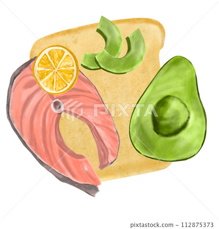 Composition of watercolor vegetables. Tomato, avocado, salmon, lemon, toast, hand drawn. Illustration 112875373