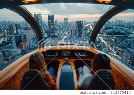 AI-generated content. Two women sitting inside modern flying car, navigating through the urban skyline, enjoying the panoramic view from the cabin 112875413