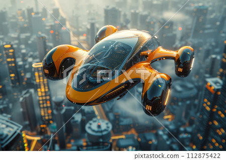 AI-generated content. Trendy modern flying electric car navigates the sky above evening city, innovation futuristic sleek design 112875422