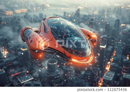 AI-generated content. Flying electric car navigates the urban airspace against the backdrop of a city skyline in the evening, sleek lines and futuristic design 112875436