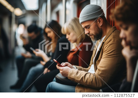 AI-generated content. Photo of peoples sitting in subway and using smart phone 112875527