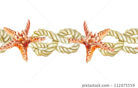 Nautical rope and starfish, seamless border on white background. Hand drawn watercolor illustration Cards, banners, travel and summer vacation design. 112875559
