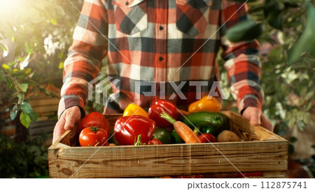 Closeup of Farmer Holding Wooden Crate with Vegetable. Closeup of Farmer Holding Wooden Crate with Vegetable. 112875741