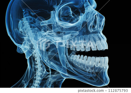 AI-generated content. An x-ray panoramic image a 3D scan model of patient jaw teeth are available in dentist office AI Generative 112875793