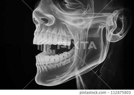AI-generated content. An x-ray a 3D scan model of the patient jaw teeth are present at dentist office AI Generative 112875803