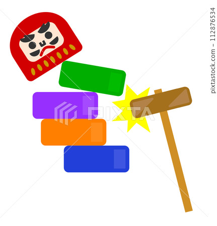 Illustration of a toy that fails and collapses by hitting it with a mallet to drop Daruma 112876534