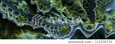 AI-generated content. Abstract organic patterns in green and blue resembling magnified natural textures. 112876714