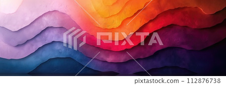 AI-generated content. Wavy layers of color gradient from purple to orange in a soft, undulating pattern. 112876738