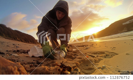AI-generated content. Volunteer in a hooded jacket cleaning the beach at sunrise, actively picking up trash from the sand. 112876752