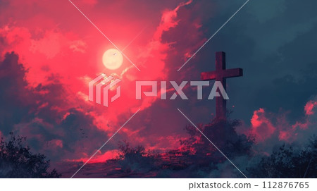 AI-generated content. Cross standing on mountain peak with tranquil pink hues at dawn. 112876765