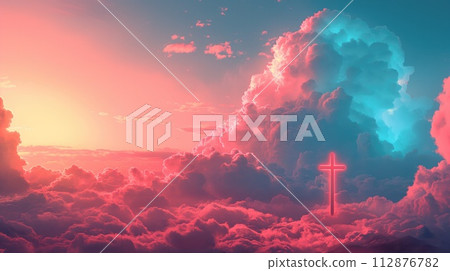 AI-generated content. Hilltop cross silhouette against dramatic pink and blue sunset clouds. 112876782