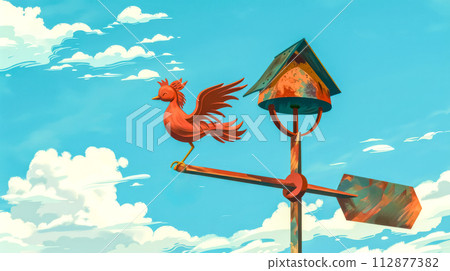 AI-generated content. Rustic weathervane with rooster silhouette against blue sky 112877382