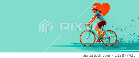 AI-generated content. Active love: woman cycling with heart illustration 112877423