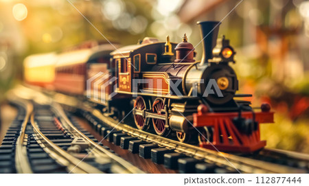 AI-generated content. Vintage model train on track at sunset 112877444