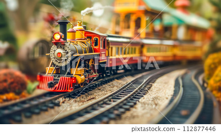 AI-generated content. Miniature vintage train model on tracks 112877446