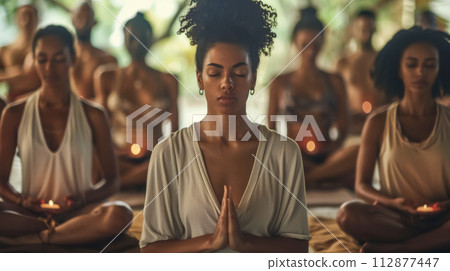 AI-generated content. Serene meditation group with candles 112877447