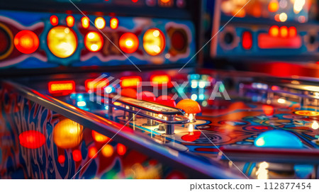 AI-generated content. Close view of a colorful pinball game board with bright lights and glossy metal parts 112877454