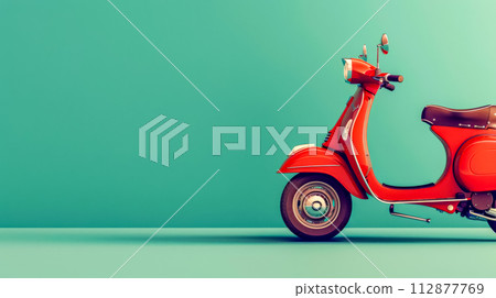 AI-generated content. Vintage red scooter on teal background AI-generated content. Vintage red scooter on teal background 112877769