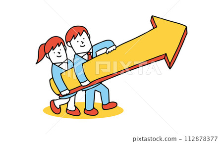 國中生和高中生拿著大箭頭的插圖。走向未來、成長、未來和夢想的概念。 國中生和高中生拿著大箭頭的插圖。走向未來、成長、未來和夢想的概念。 112878377
