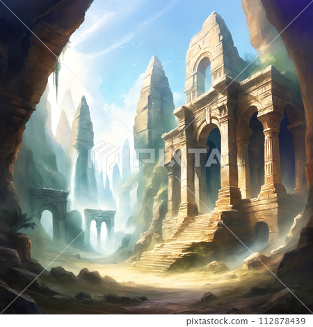 Fantasy landscape with ruins of ancient buildings 112878439